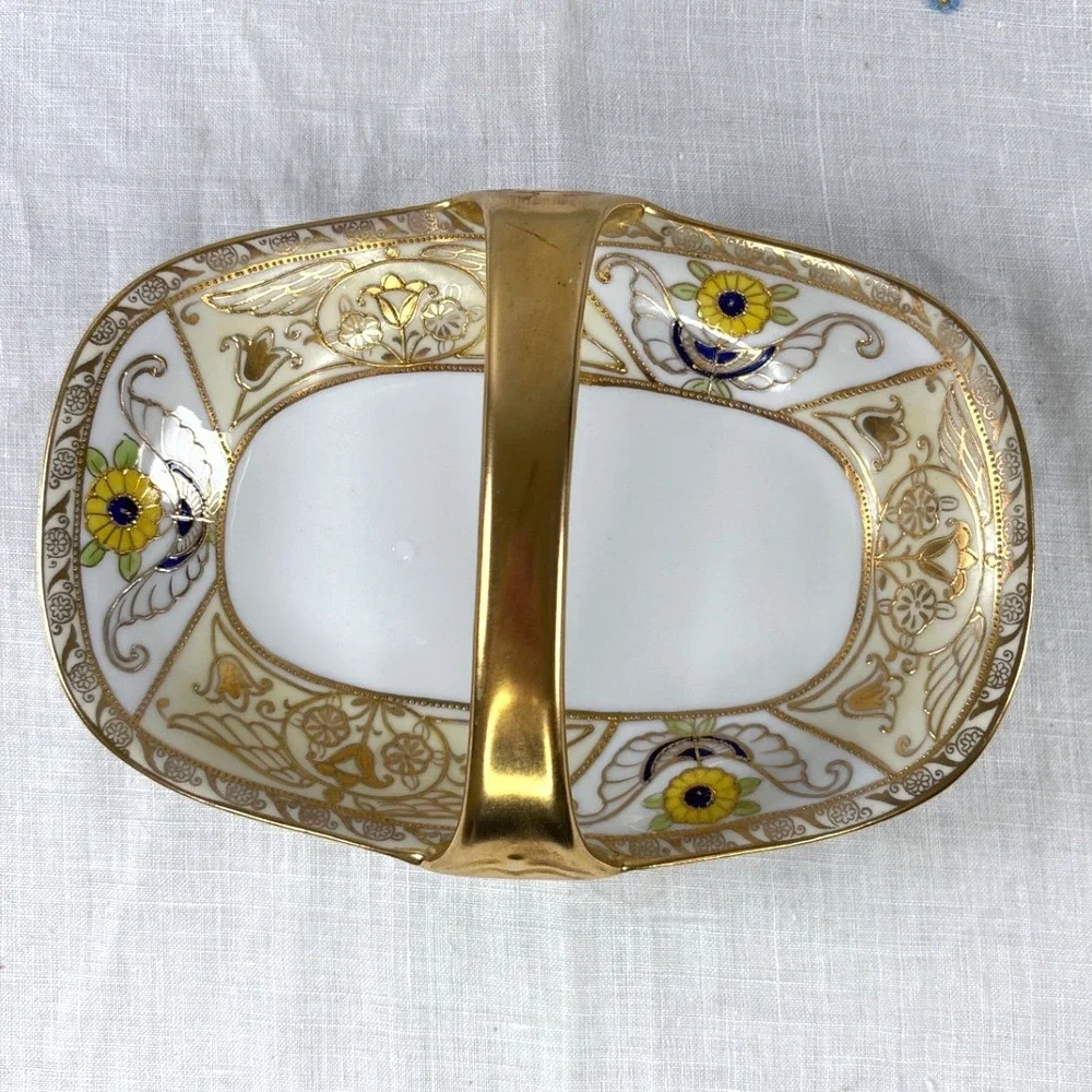 Antique Noritake Nippon Hand Painted Gold Moriage Sunflower Porcelain Basket